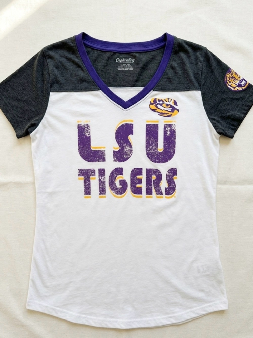 NWOT LSU Tigers V-Neck Tee with Contrast Sleeves